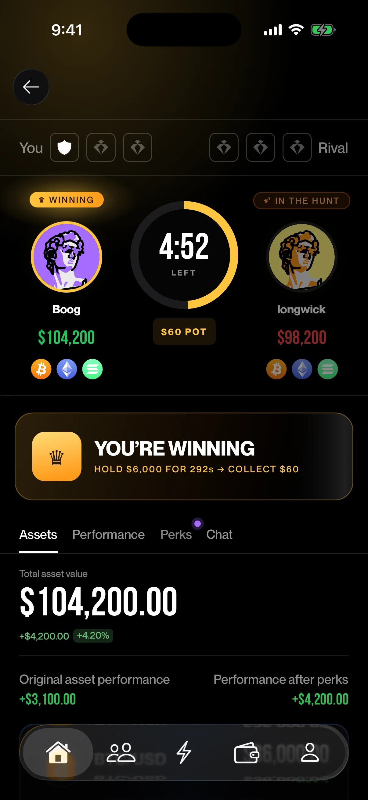 Wage head-to-head match: Boog is winning against longwick with a $60 pot